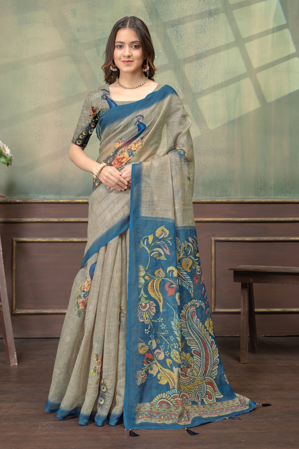 Peacock Floral Printed Linen Cotton Saree with Blue Borders for Women