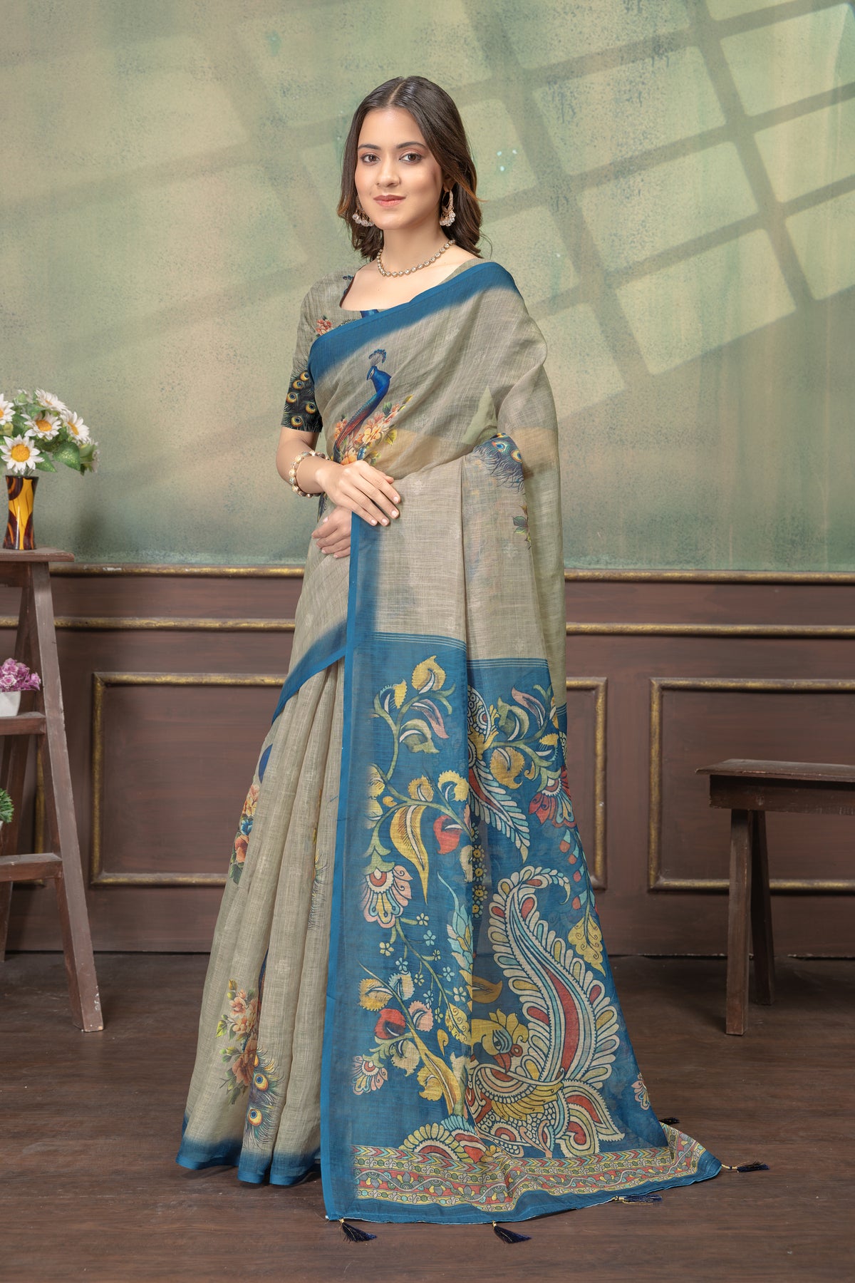 Peacock Floral Printed Linen Cotton Saree with Blue Borders for Women