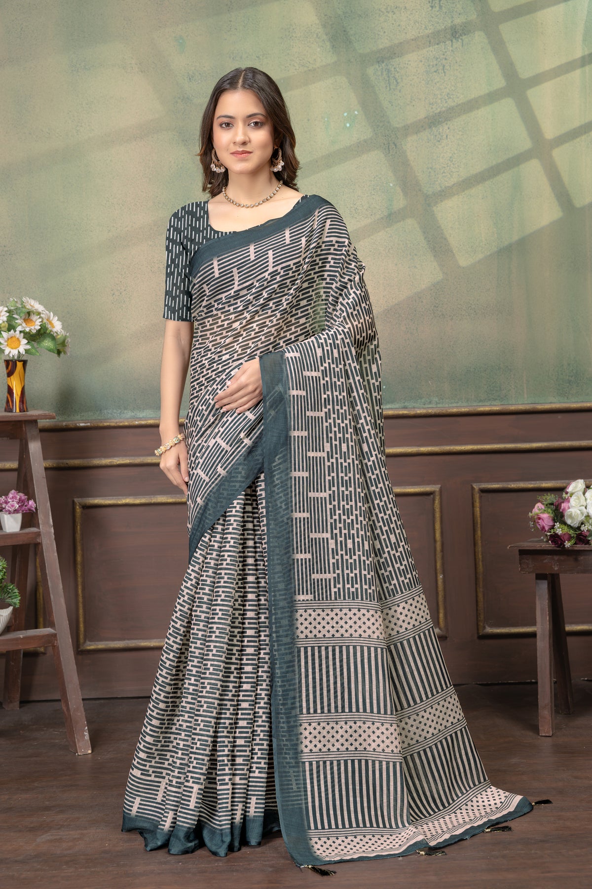 Beige Geometric Printed Linen Cotton Saree with Blue Border for Women