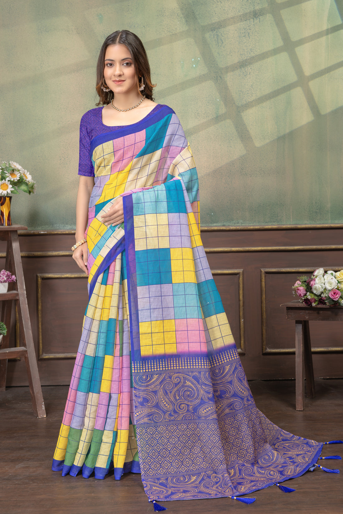 Multicolor Grid Print Linen Cotton Saree with Purple Border for Women
