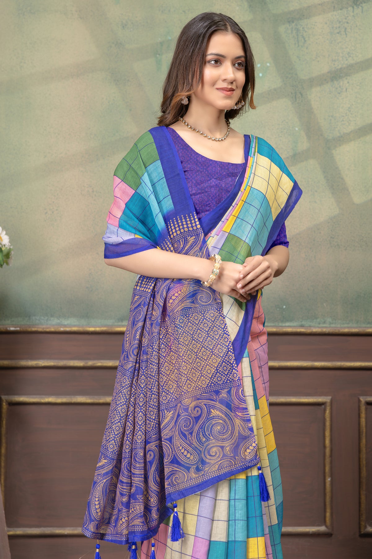 Multicolor Grid Print Linen Cotton Saree with Purple Border for Women