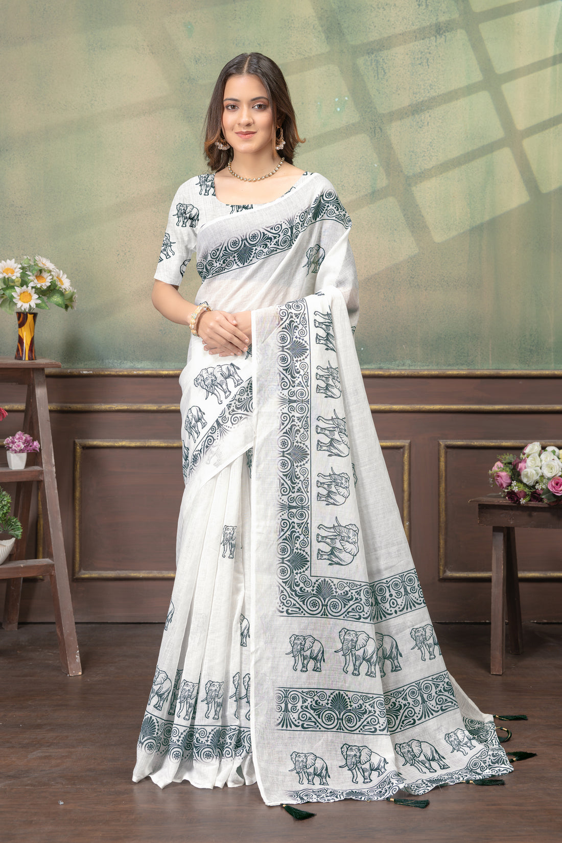 Ivory Linen Cotton Saree with Elephant Print Border Now for Women