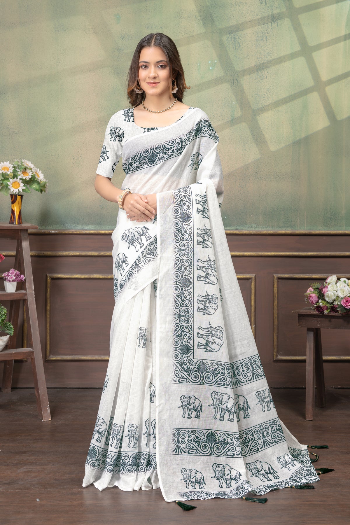 Ivory Linen Cotton Saree with Elephant Print Border Now for Women
