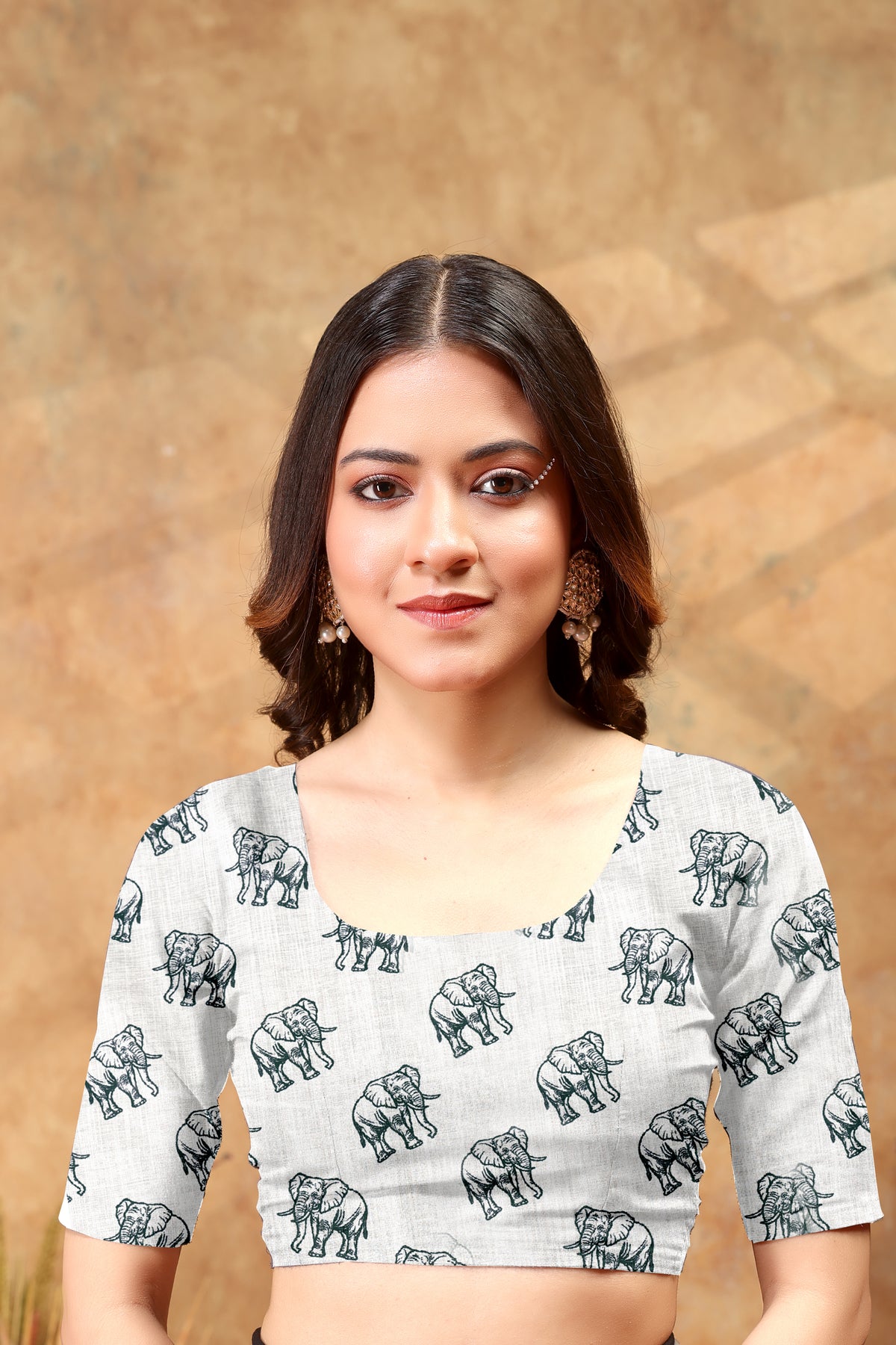 Ivory Linen Cotton Saree with Elephant Print Border Now for Women