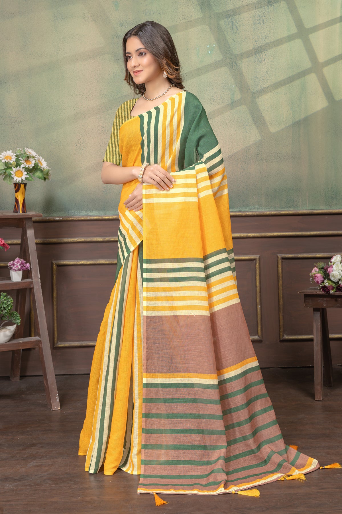 Mustard Green Cotton Saree with Striped Contrast Border for Women