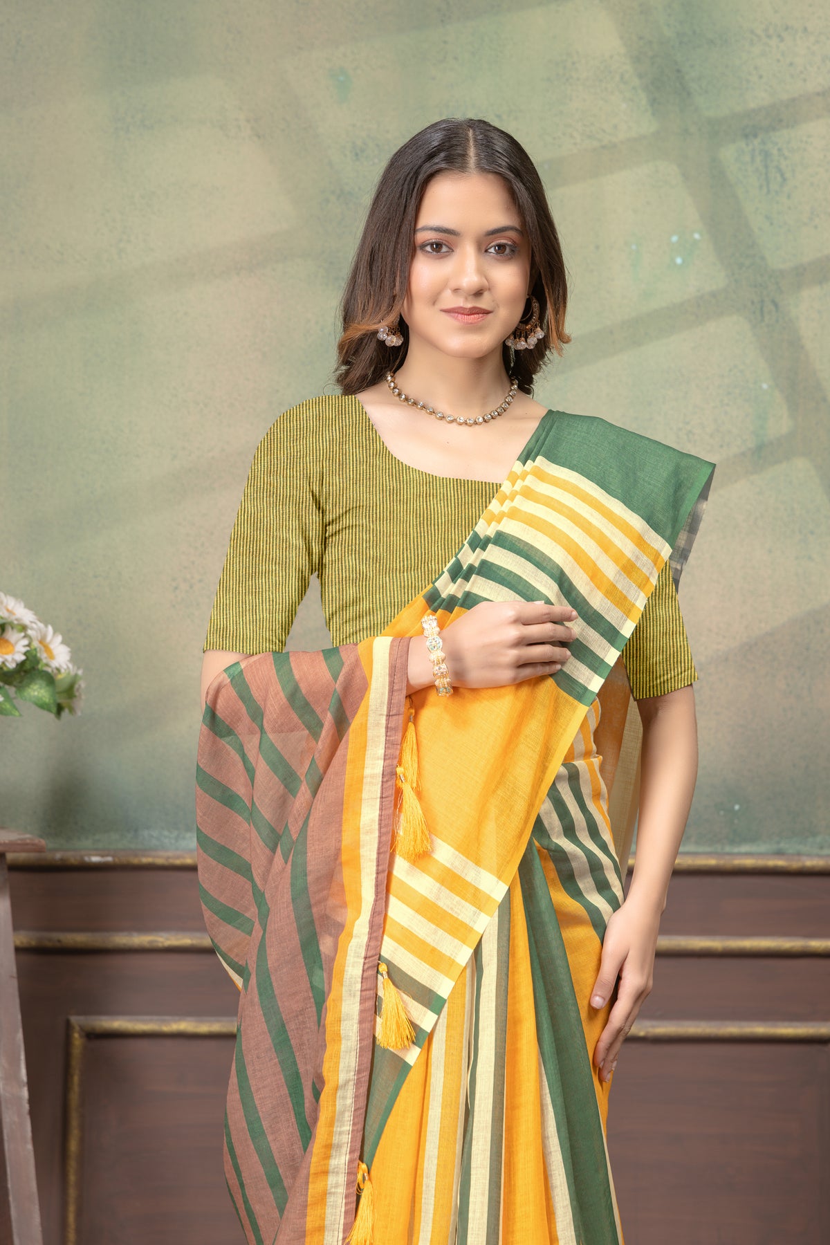 Mustard Green Cotton Saree with Striped Contrast Border for Women