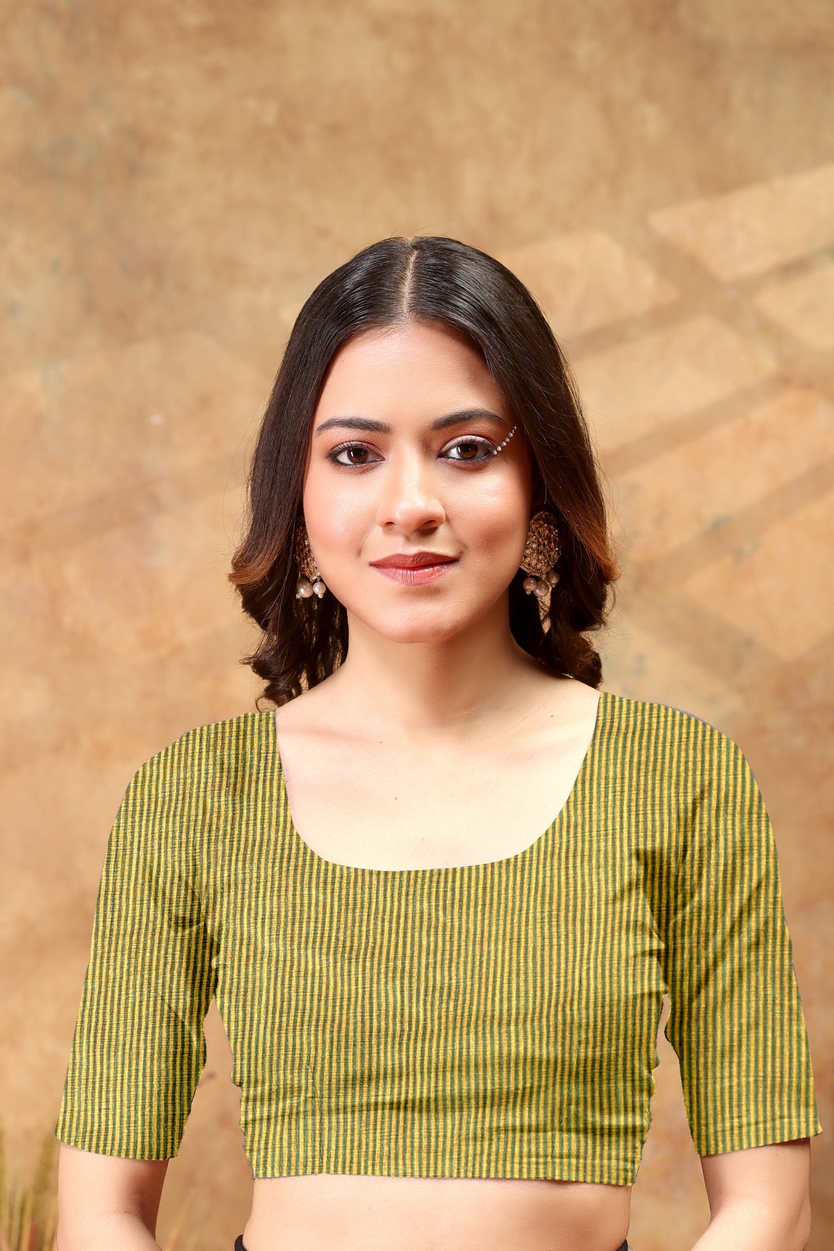 Mustard Green Cotton Saree with Striped Contrast Border for Women