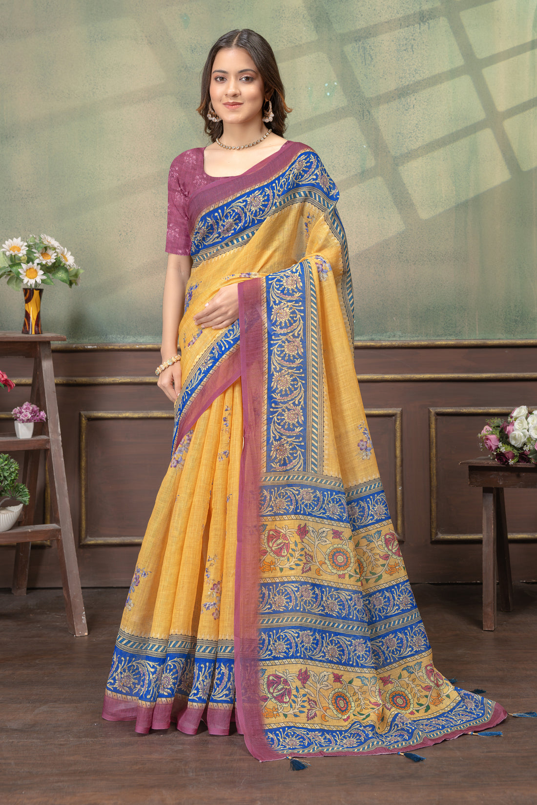 Mustard Yellow Linen Cotton Saree with Green Stripe Borders for Women