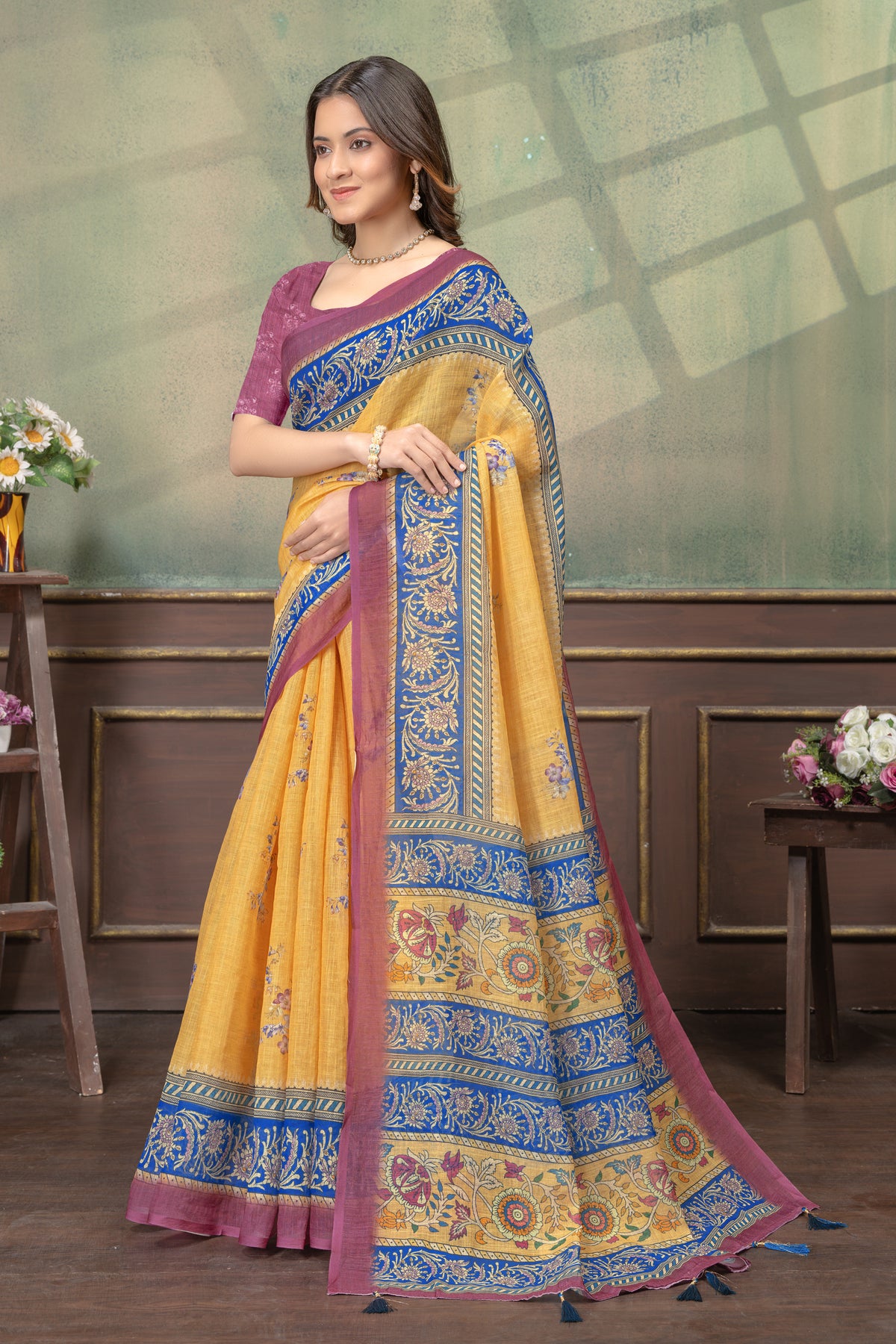 Mustard Yellow Linen Cotton Saree with Green Stripe Borders for Women