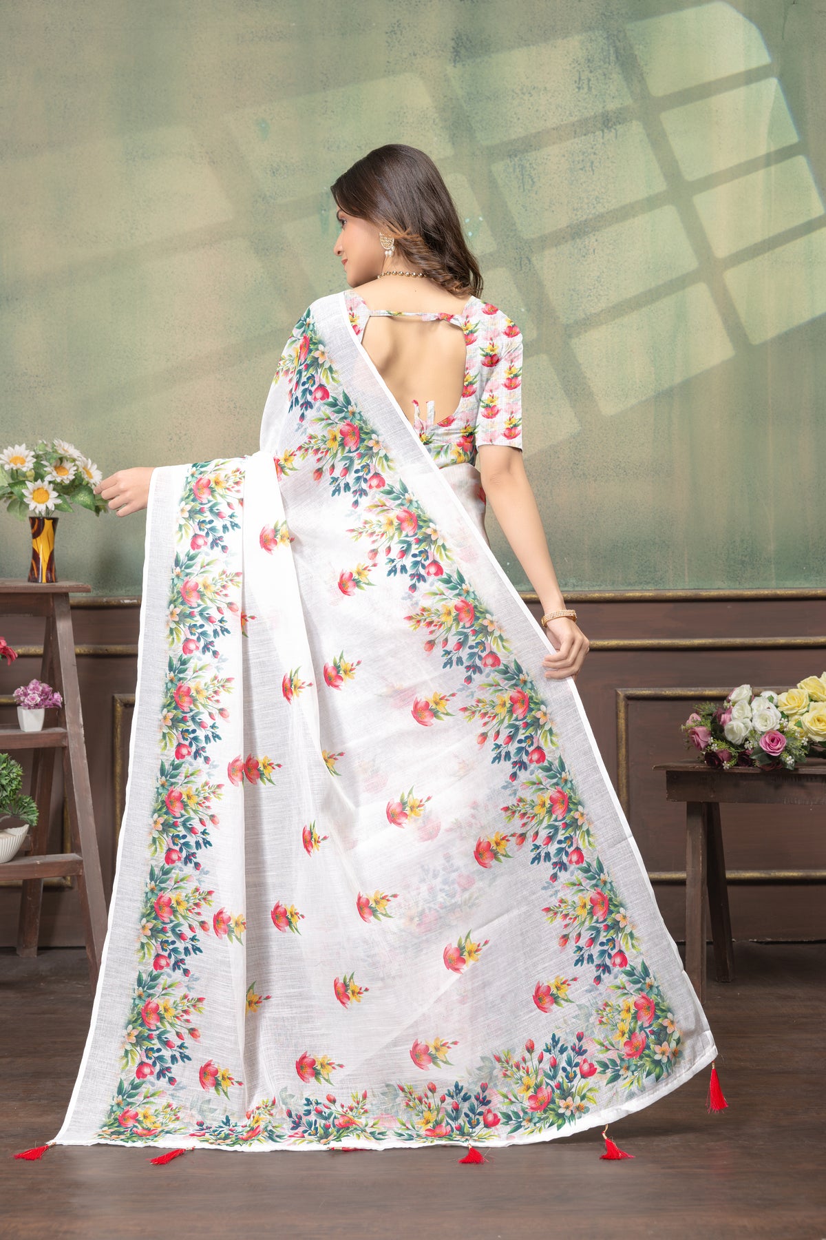 Ivory Floral Print Linen Cotton Saree with Green Border for Women