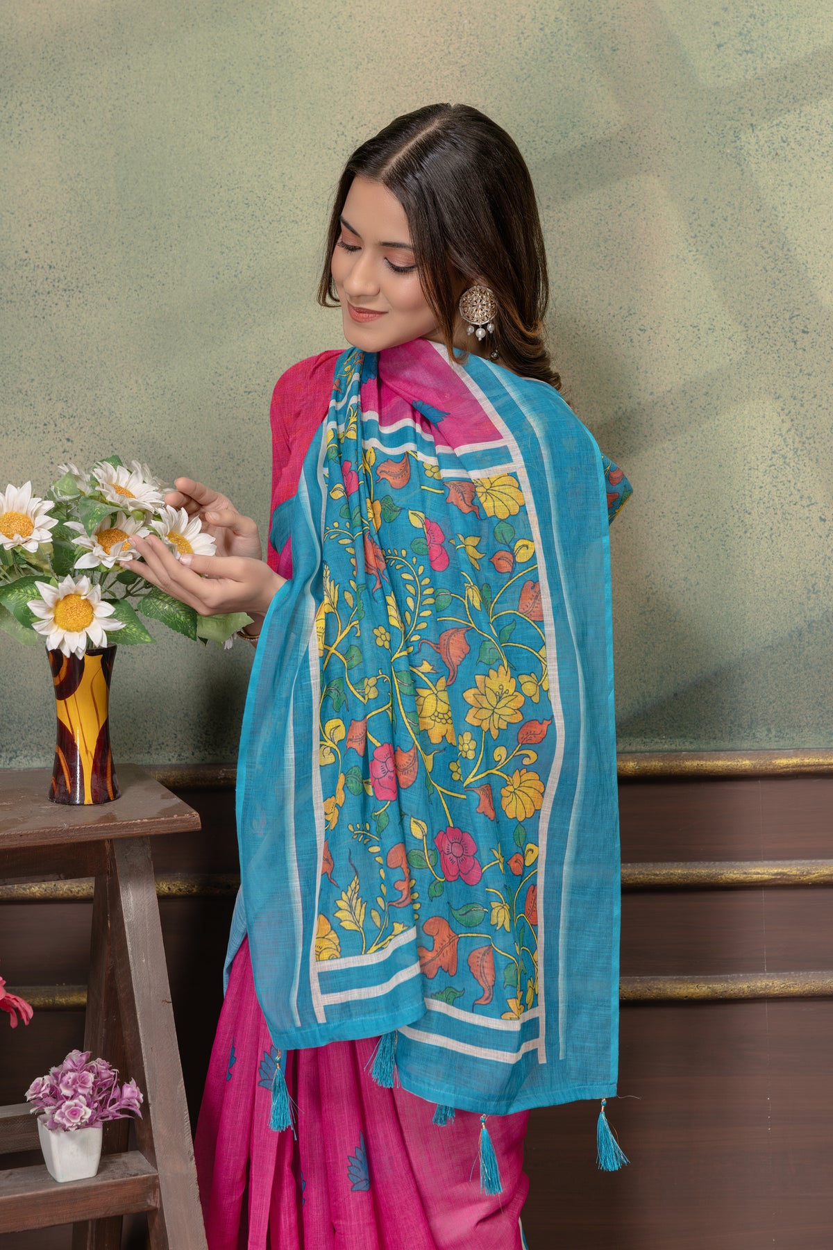 Floral Linen Cotton Saree in Pink Blue with Printed Borders for Women