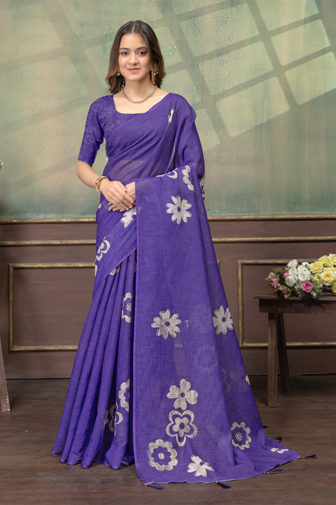 Elegant Purple Linen Cotton Saree with Floral Silver Motifs for Women