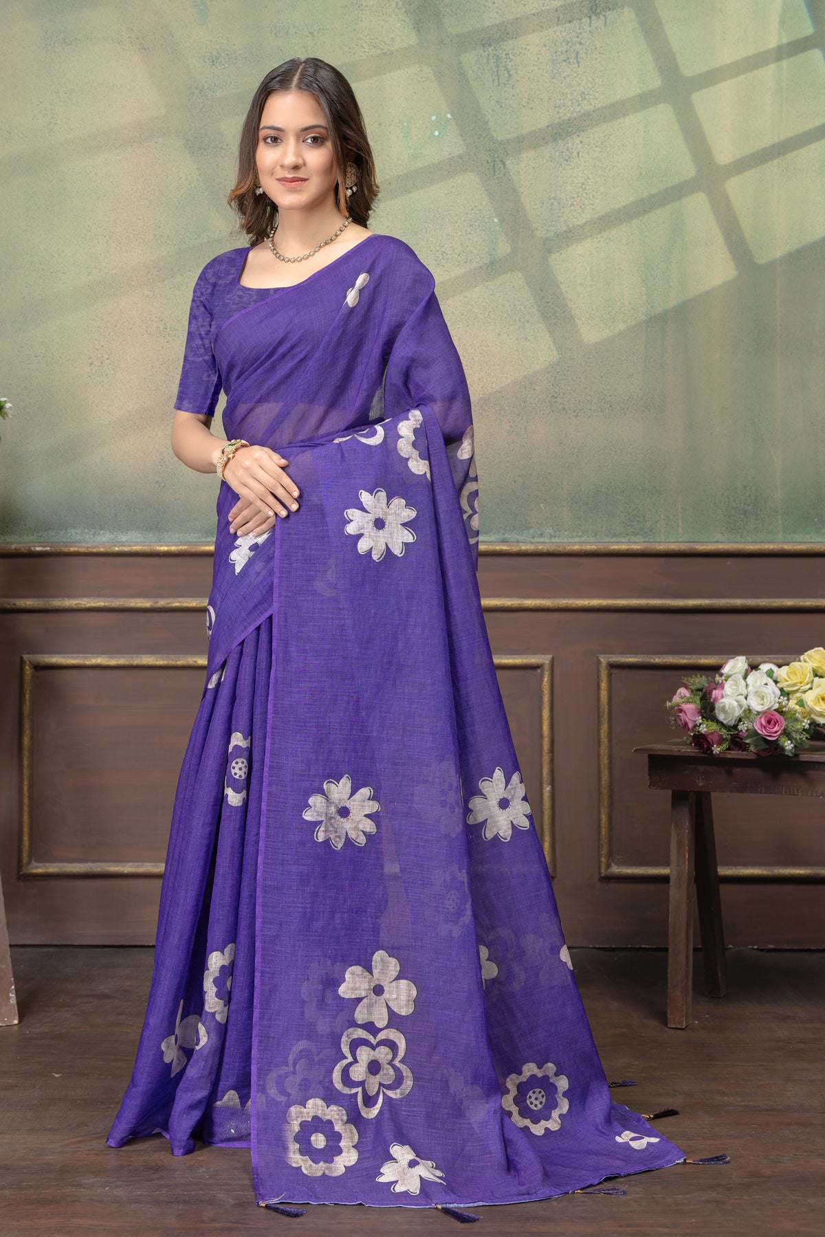 Elegant Purple Linen Cotton Saree with Floral Silver Motifs for Women