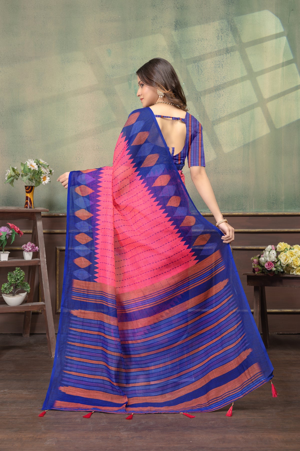 Olive Green Linen Cotton Saree with Black Yellow Border for Women