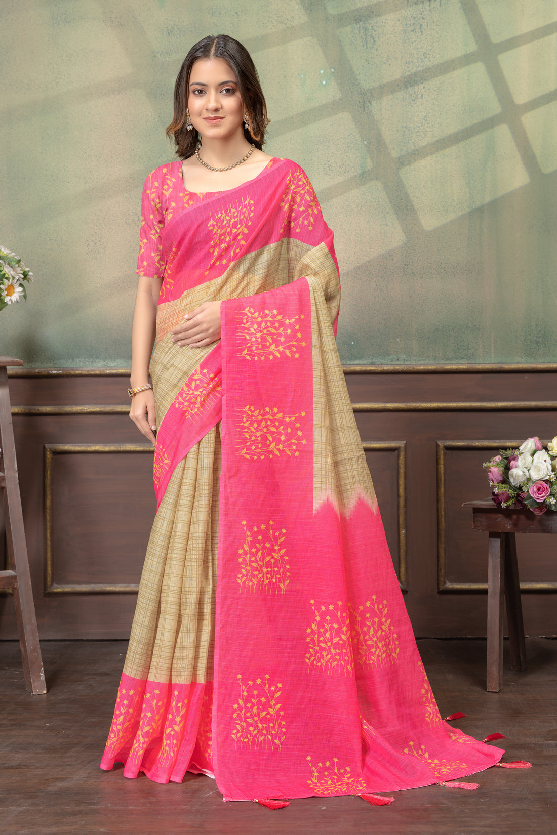 Pink Beige Satin Saree with Floral Print & Contrast Pallu for Women