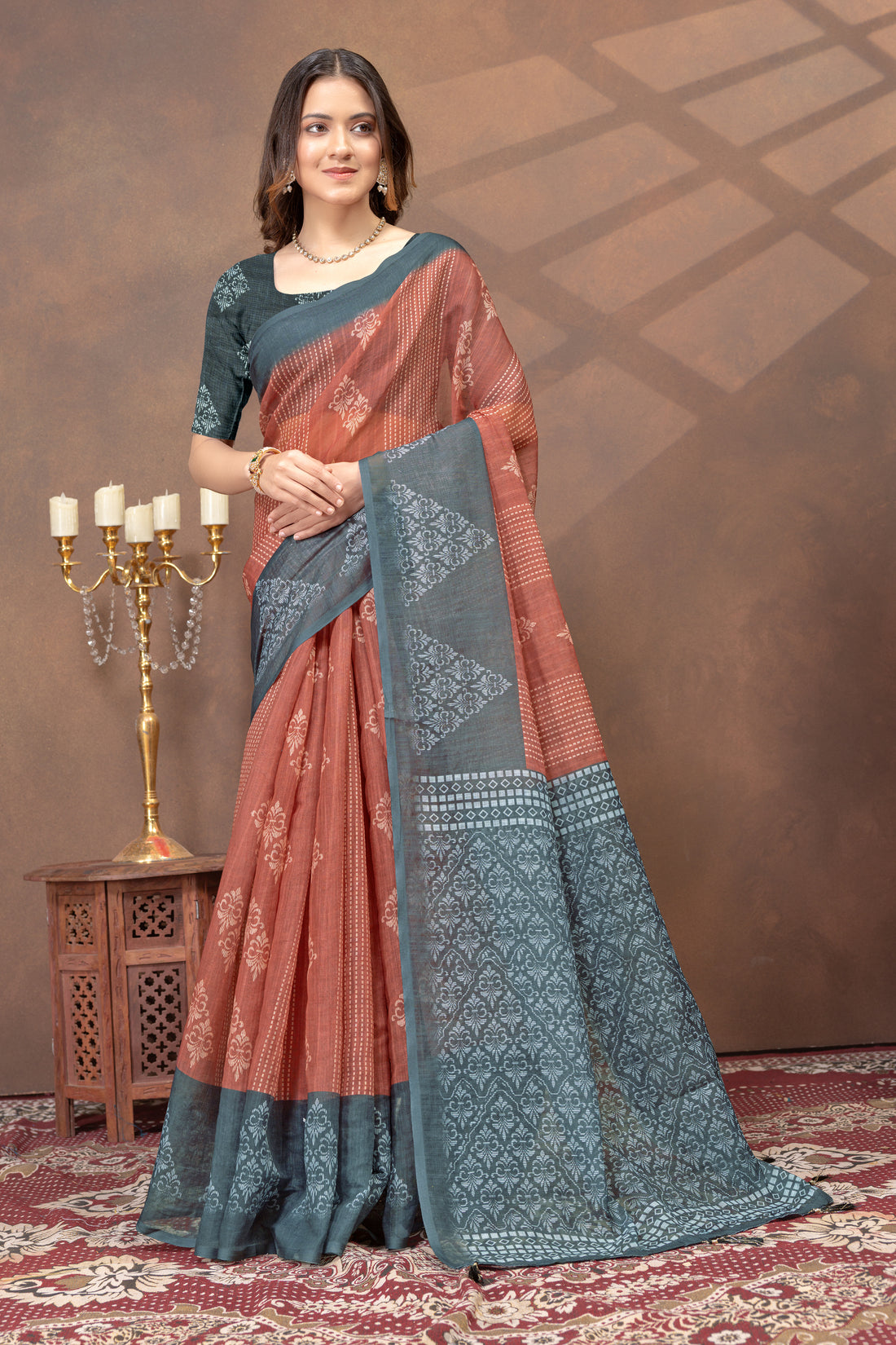 Teal Rust Floral Satin Saree with Printed Pallu and Borders for Women