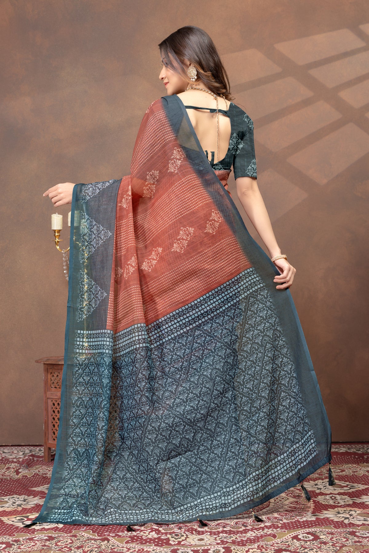 Teal Rust Floral Satin Saree with Printed Pallu and Borders for Women