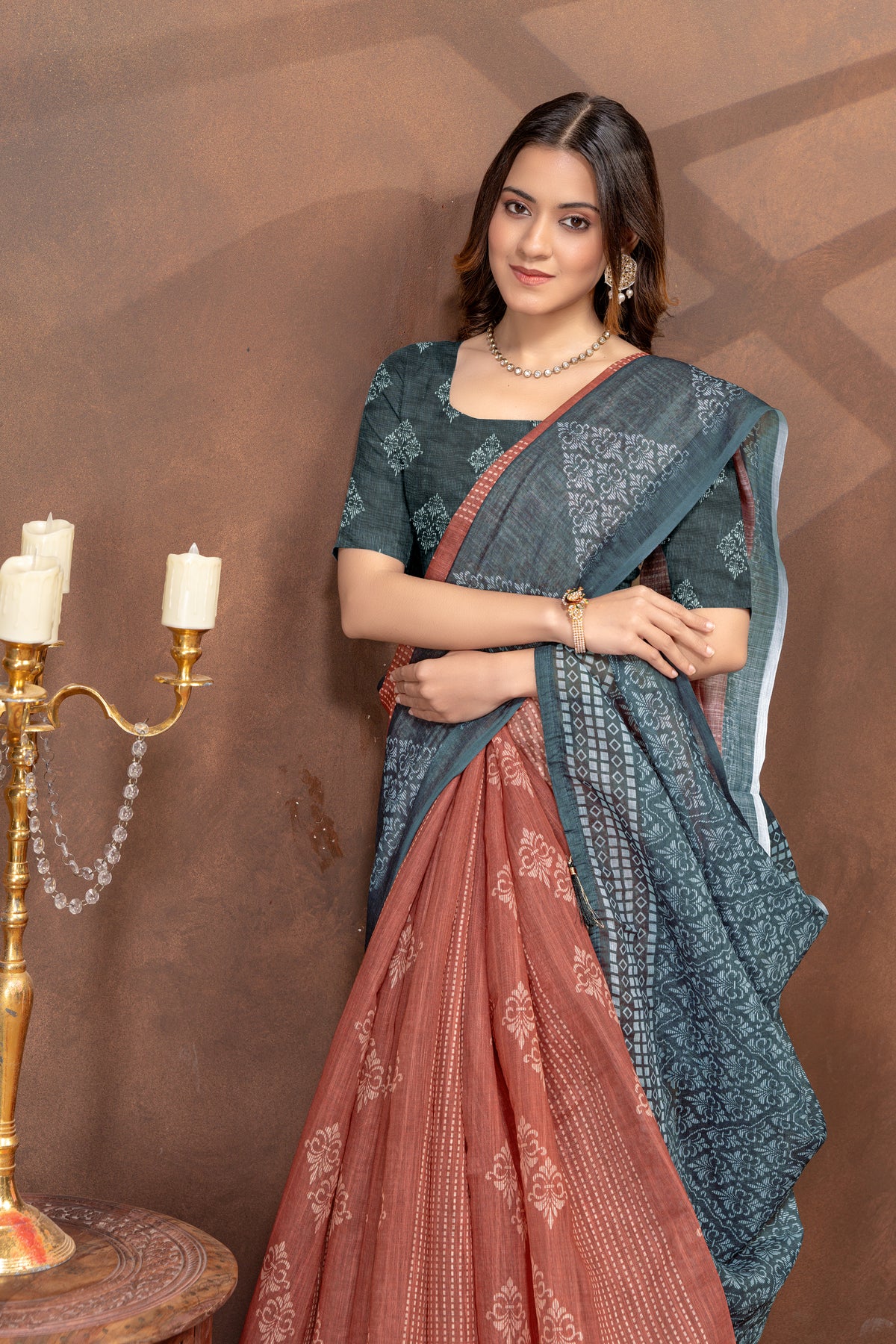 Teal Rust Floral Satin Saree with Printed Pallu and Borders for Women