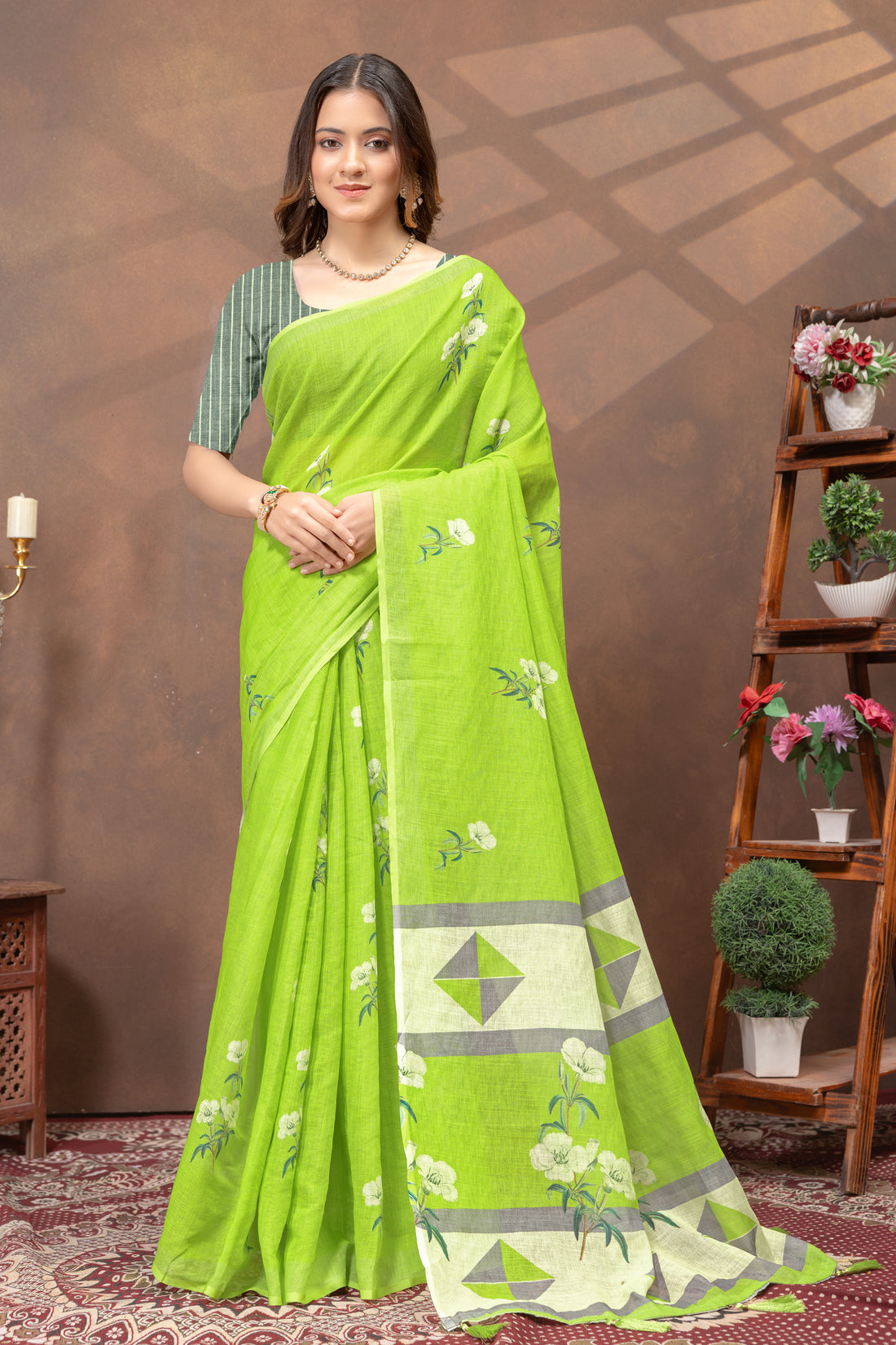 Green Floral Linen Cotton Saree with Printed Border for Women