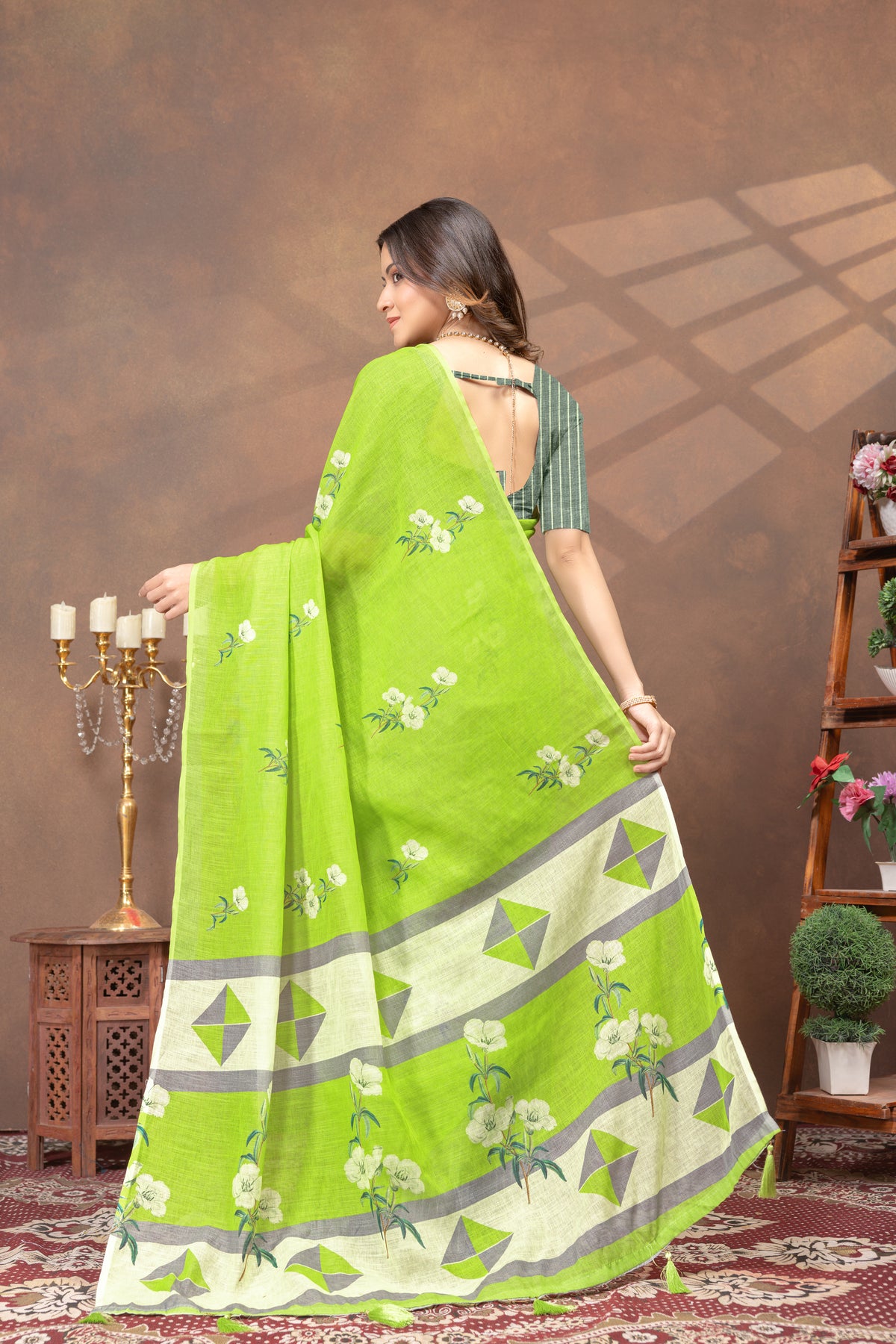 Green Floral Linen Cotton Saree with Printed Border for Women