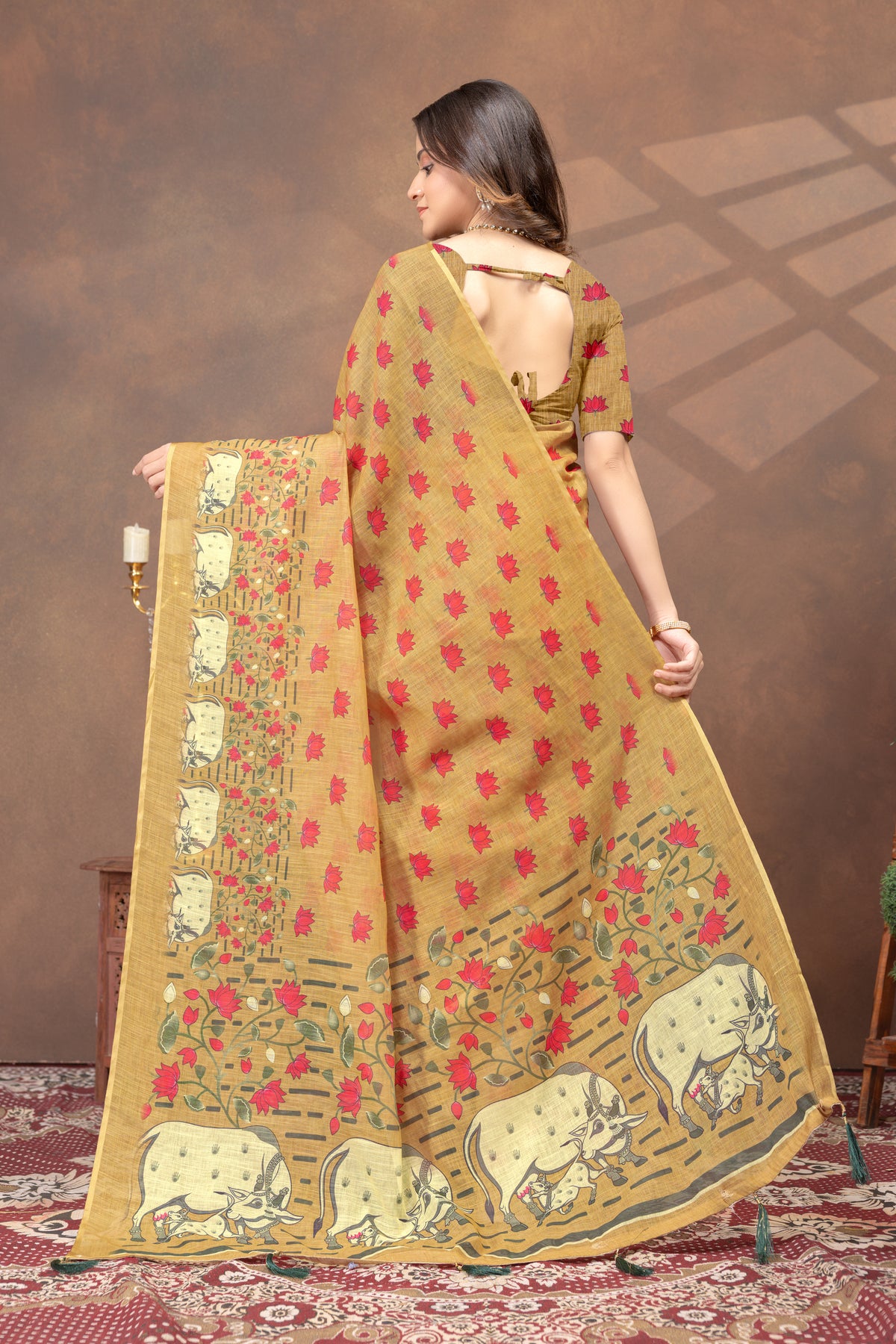 Mustard Lotus Print Linen Cotton Saree for Women