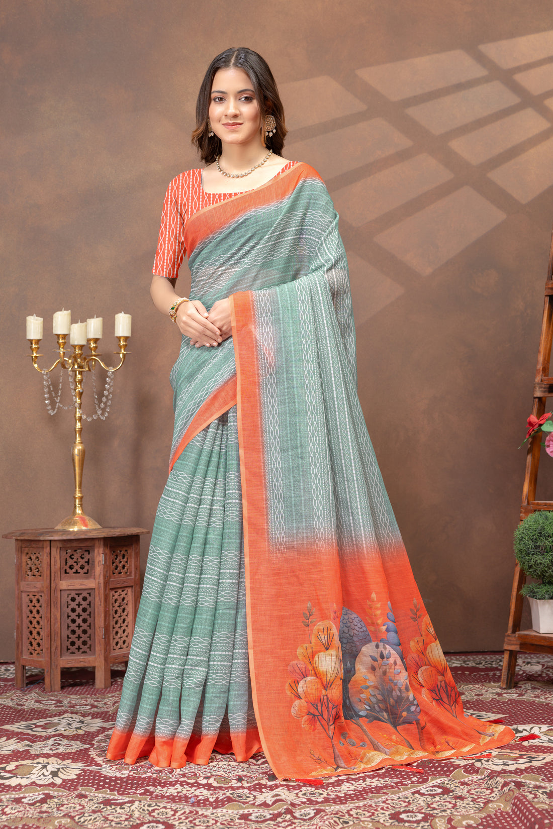 Teal Green Linen Cotton Printed Saree with Contrast Border for Women