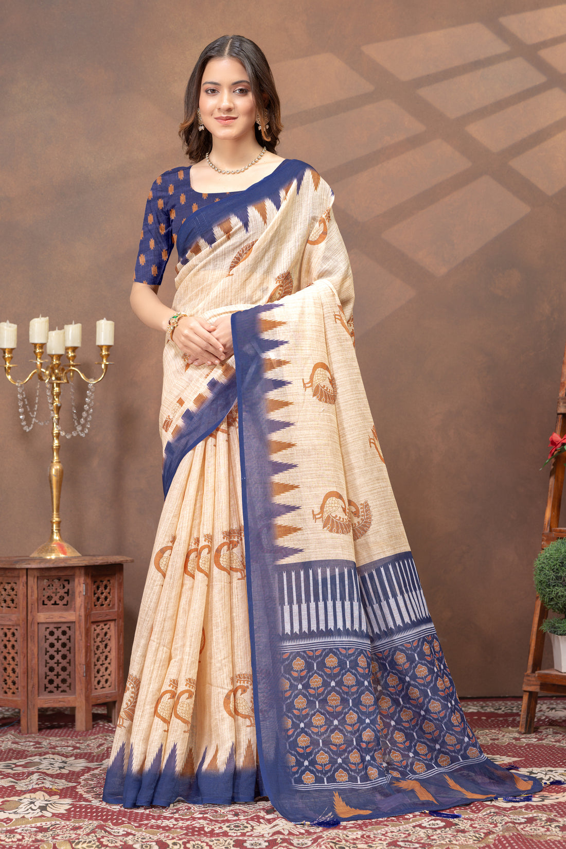 Beige Linen Cotton Saree with Peacock Print and Navy Border for Women