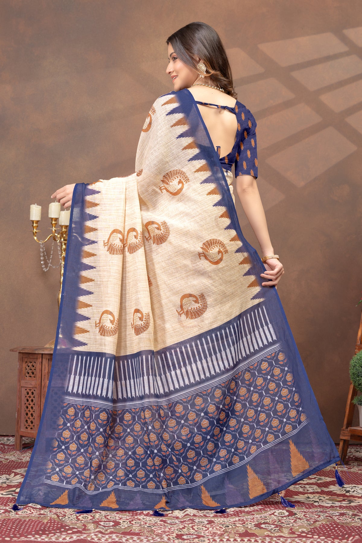 Beige Linen Cotton Saree with Peacock Print and Navy Border for Women