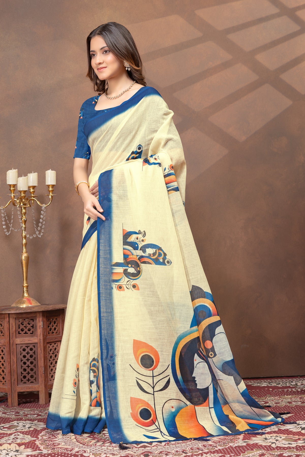 Cream Linen Cotton Saree with Blue Artistic Print for Women