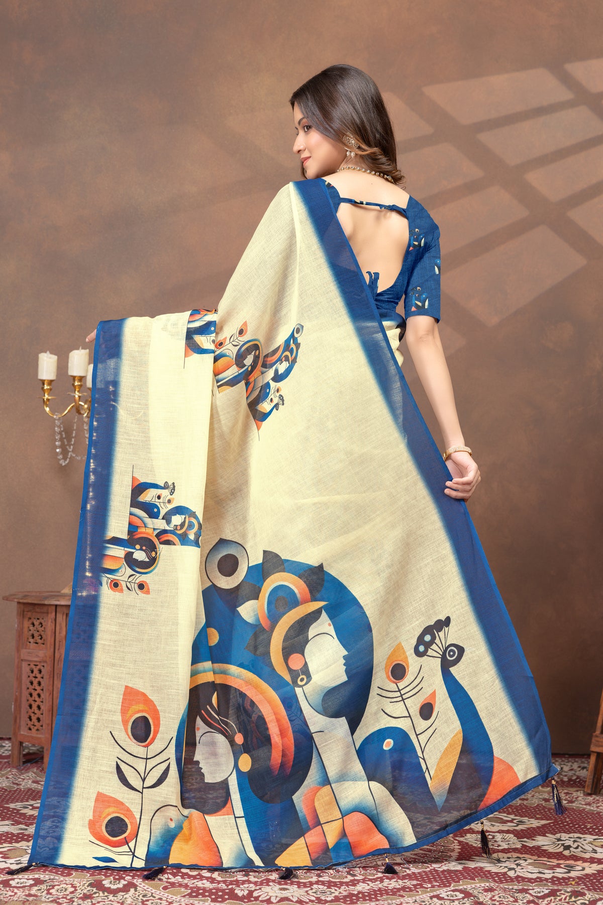 Cream Linen Cotton Saree with Blue Artistic Print for Women