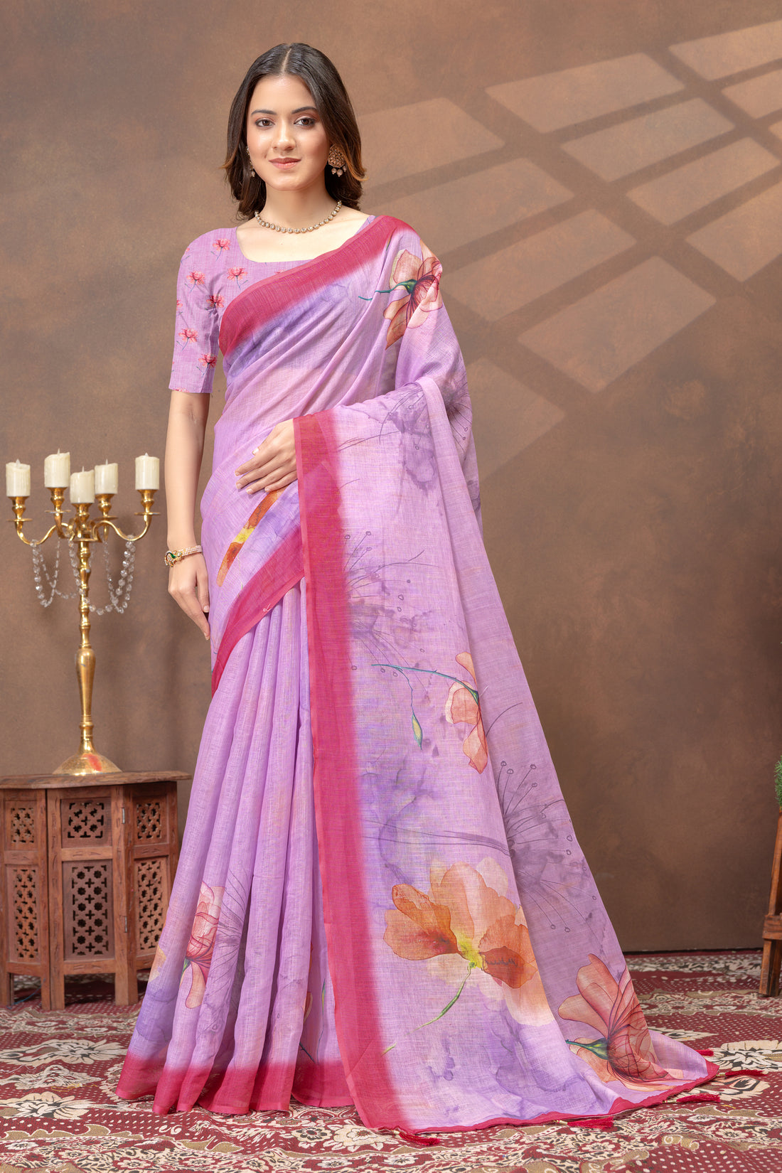 Purple Floral Print Satin Saree With Contrast Border Blouse for Women