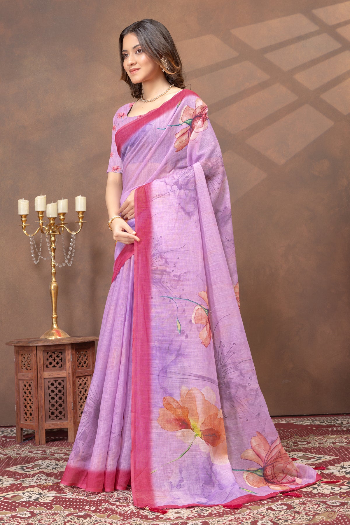 Purple Floral Print Satin Saree With Contrast Border Blouse for Women