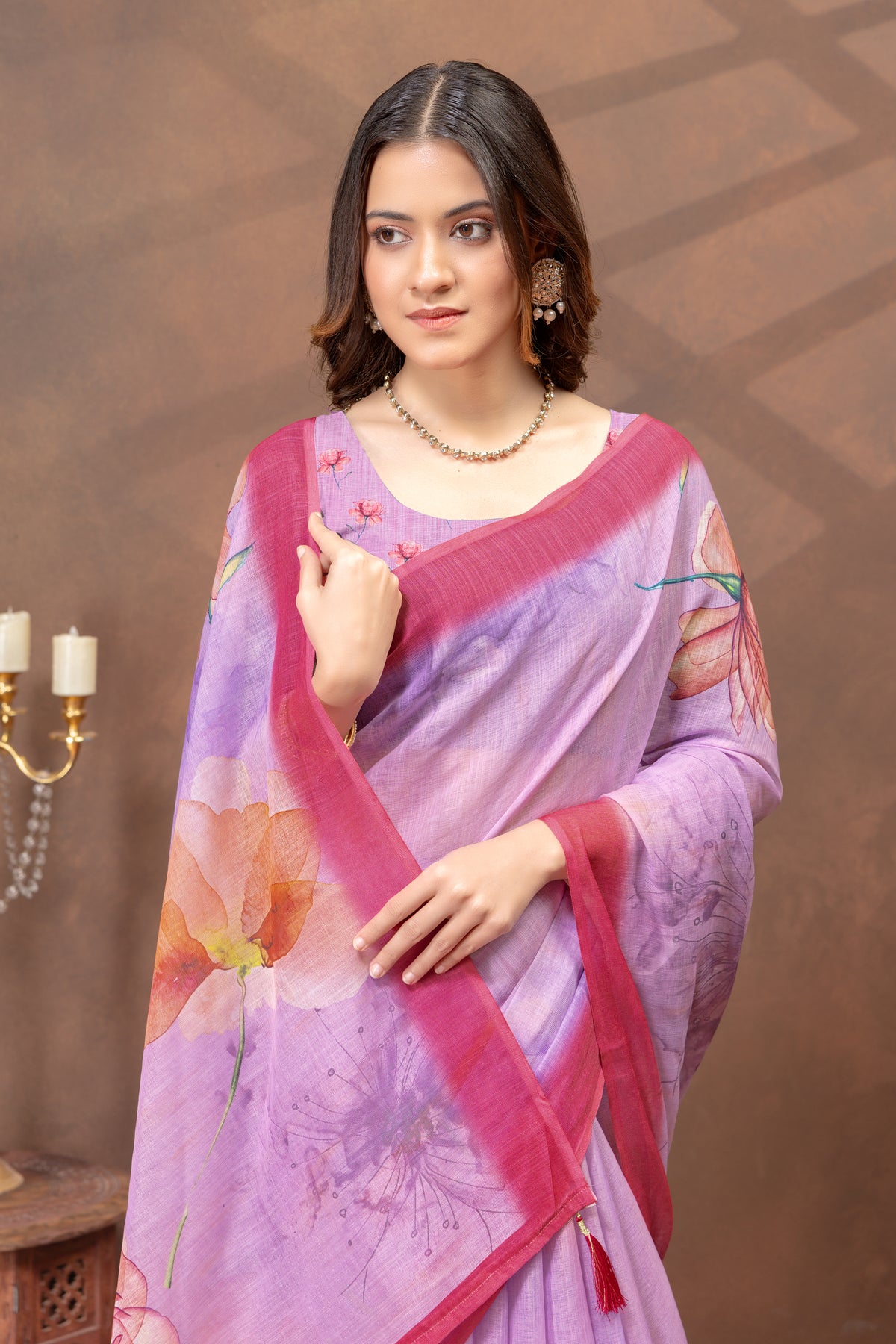 Purple Floral Print Satin Saree With Contrast Border Blouse for Women