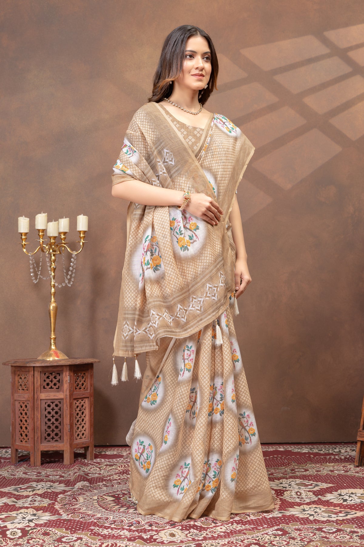 Beige Linen Cotton Saree with Designer Pallu by for Women