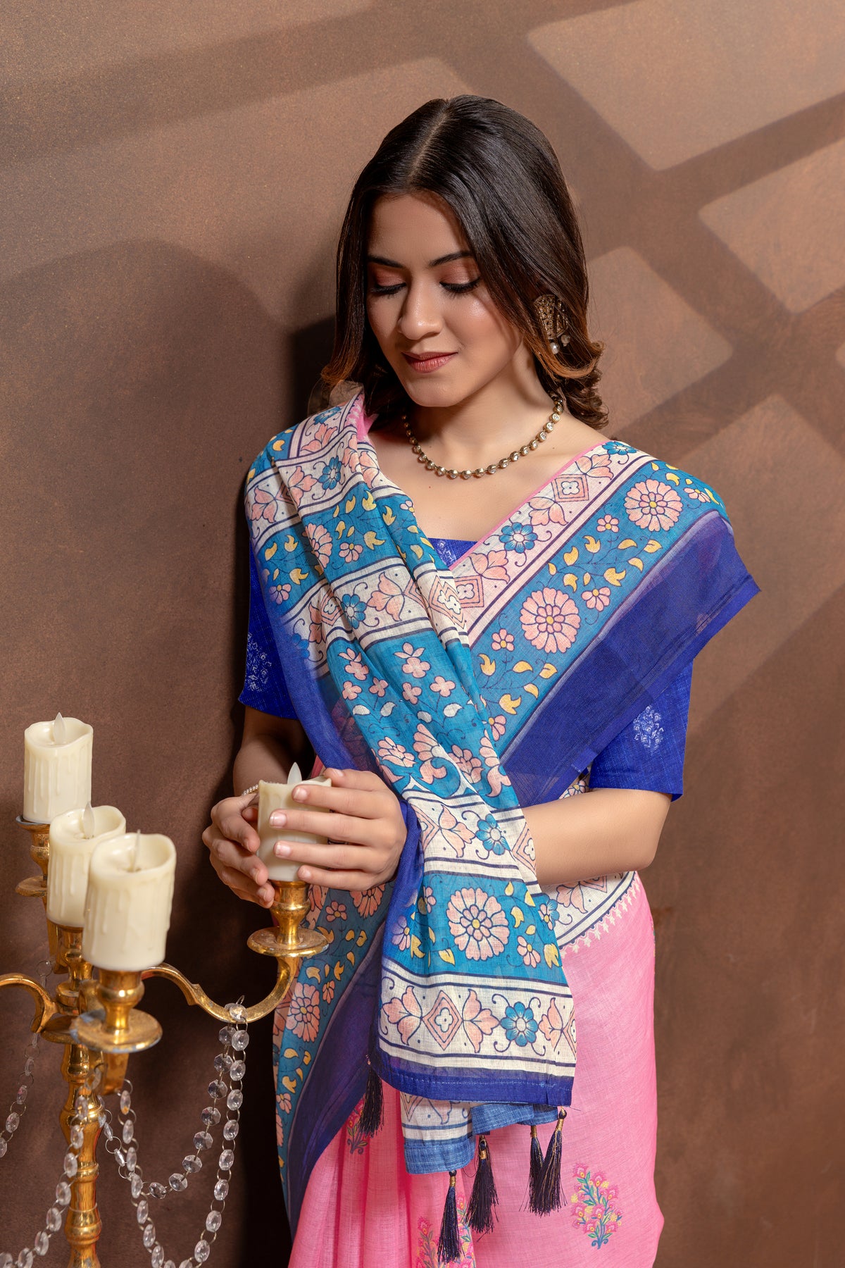 Rose Pink Floral Linen Cotton Saree with Blue Border for Women