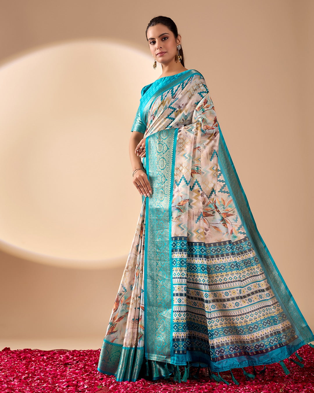 Aqua Printed Lichi Silk Saree with Zari Border Style for Women