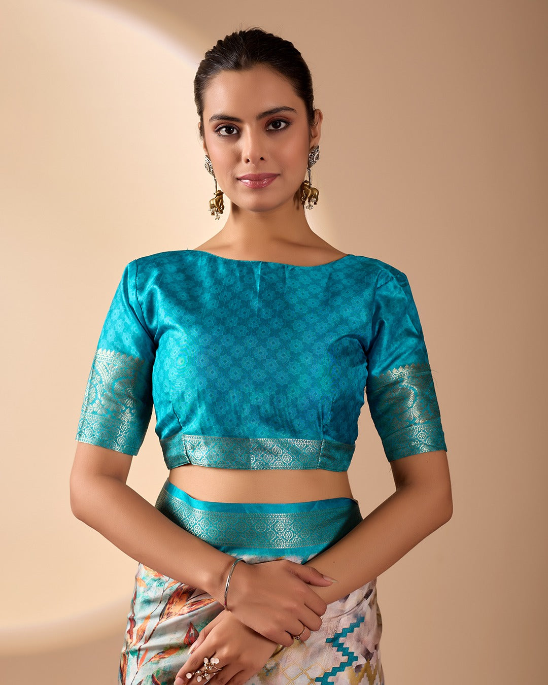 Aqua Printed Lichi Silk Saree with Zari Border Style for Women
