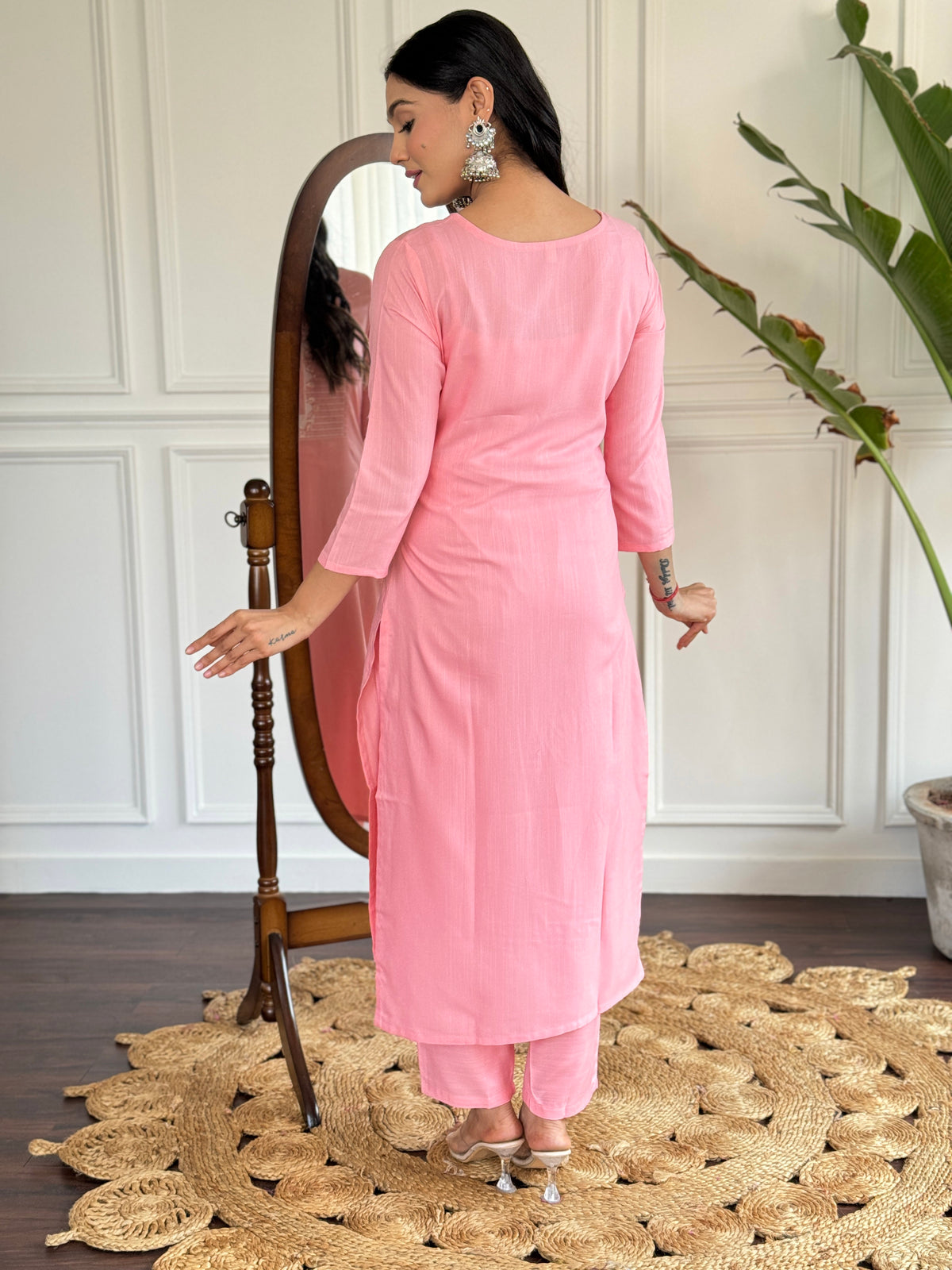 Baby Pink Embroidered Rayon Kurta Set with Silk Dupatta for Women