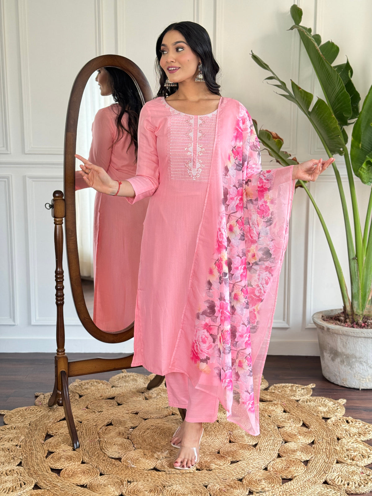 Baby Pink Embroidered Rayon Kurta Set with Silk Dupatta for Women