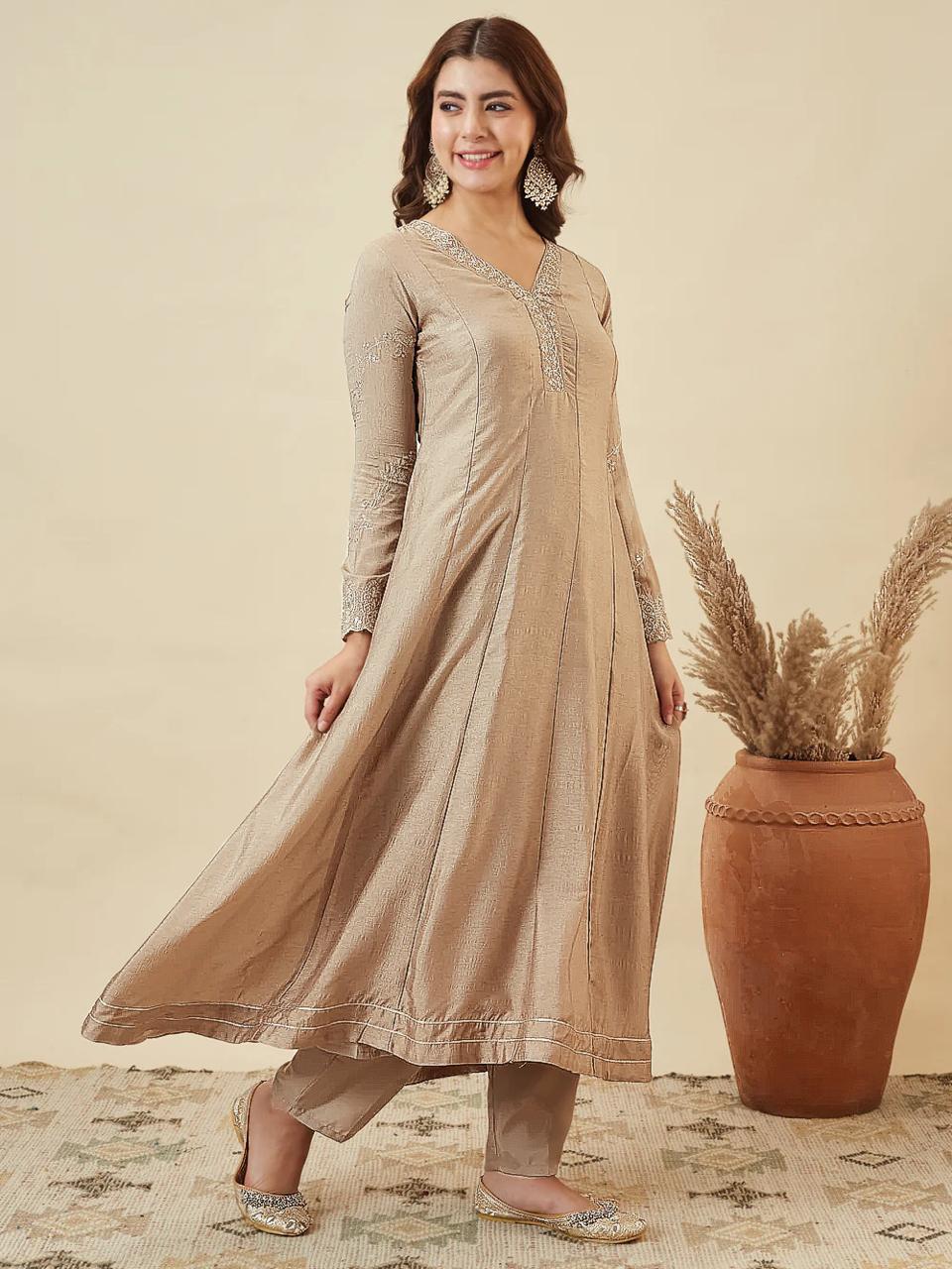 Elegant Beige Anarkali Kurta Pant Set with Dupatta for Women
