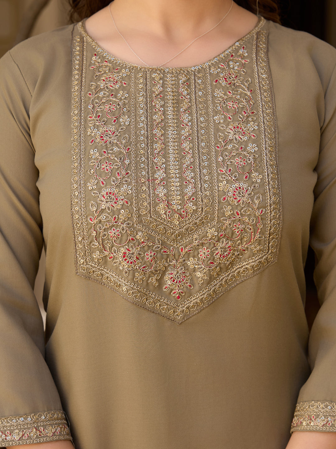 Beige Embroidered Rayon Kurta Set with Chinon Dupatta for Women