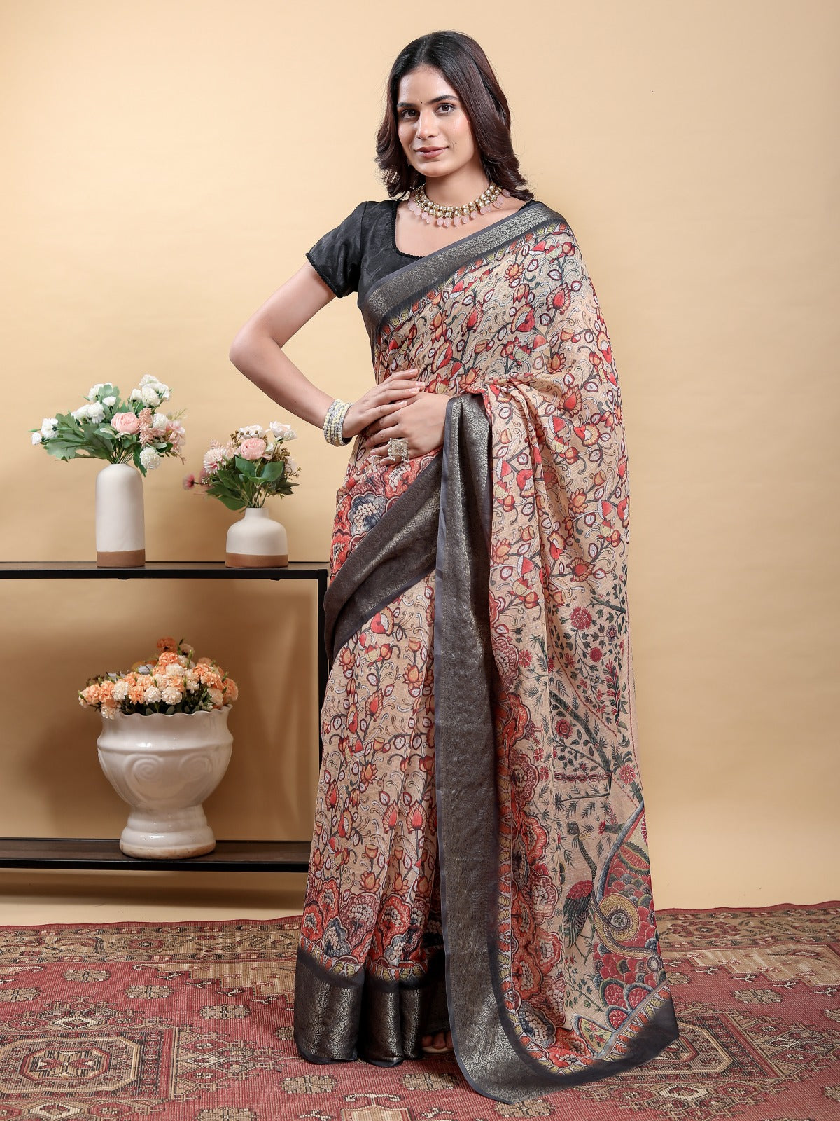 Beige Kalamkari Printed Linen Cotton Saree for Women