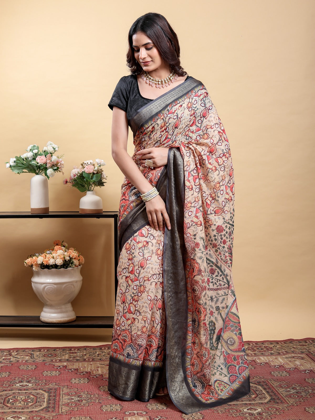 Beige Kalamkari Printed Linen Cotton Saree for Women