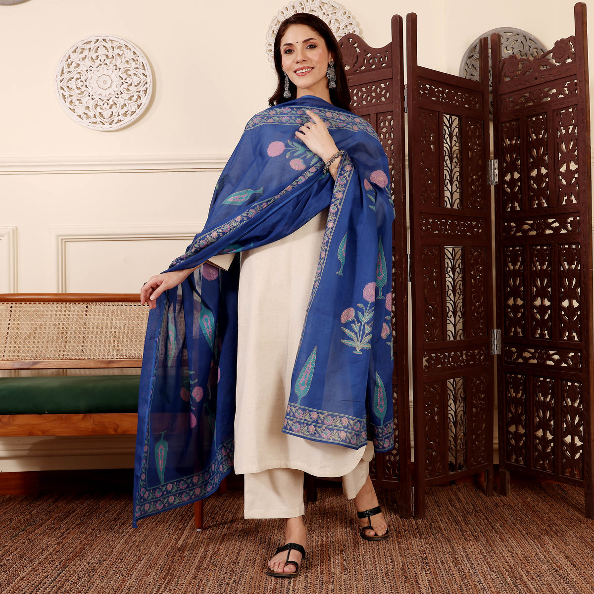 Beige Kurta Set with Blue Chanderi Dupatta for Women