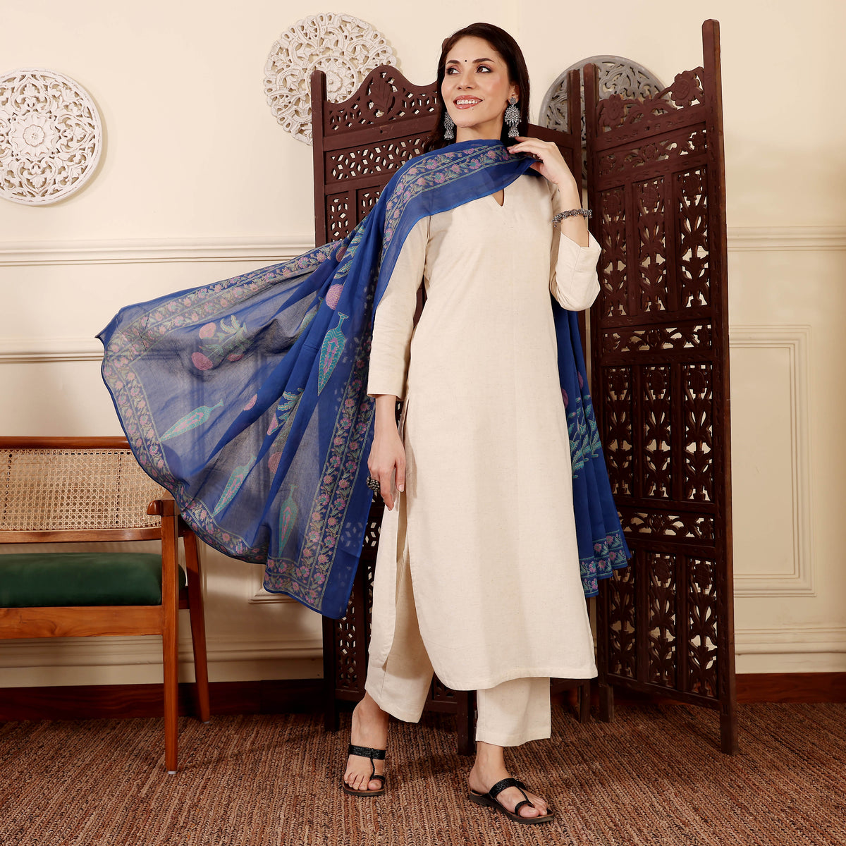 Beige Kurta Set with Blue Chanderi Dupatta for Women