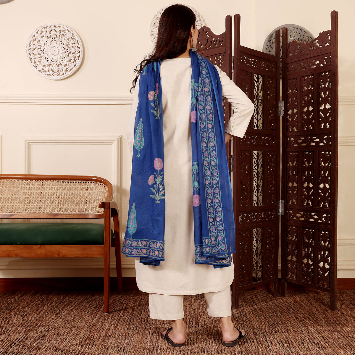 Beige Kurta Set with Blue Chanderi Dupatta for Women