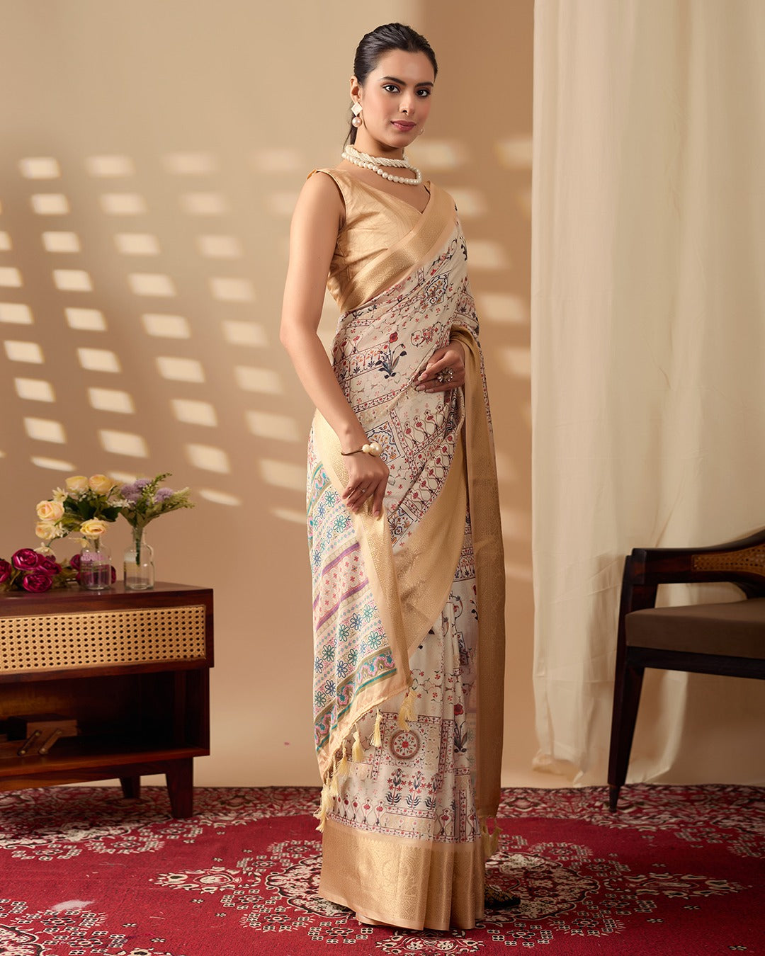 Beige Lichi Silk Saree with Zari Woven Border for Women