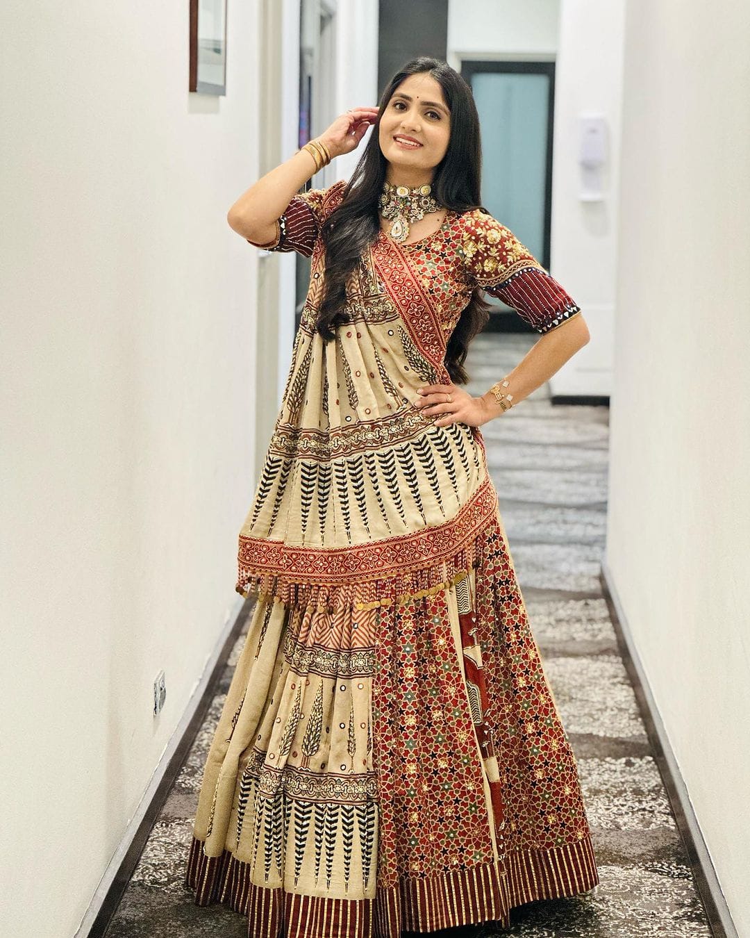 Beige Ethnic Printed Lehenga Set for Navratri and Garba for Women