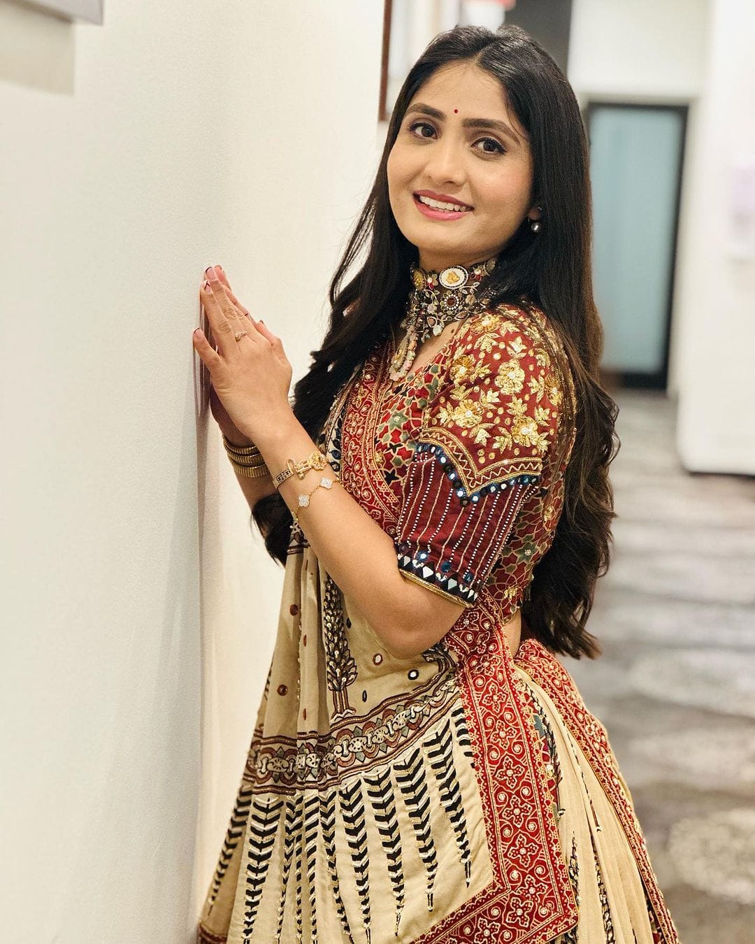 Beige Ethnic Printed Lehenga Set for Navratri and Garba for Women