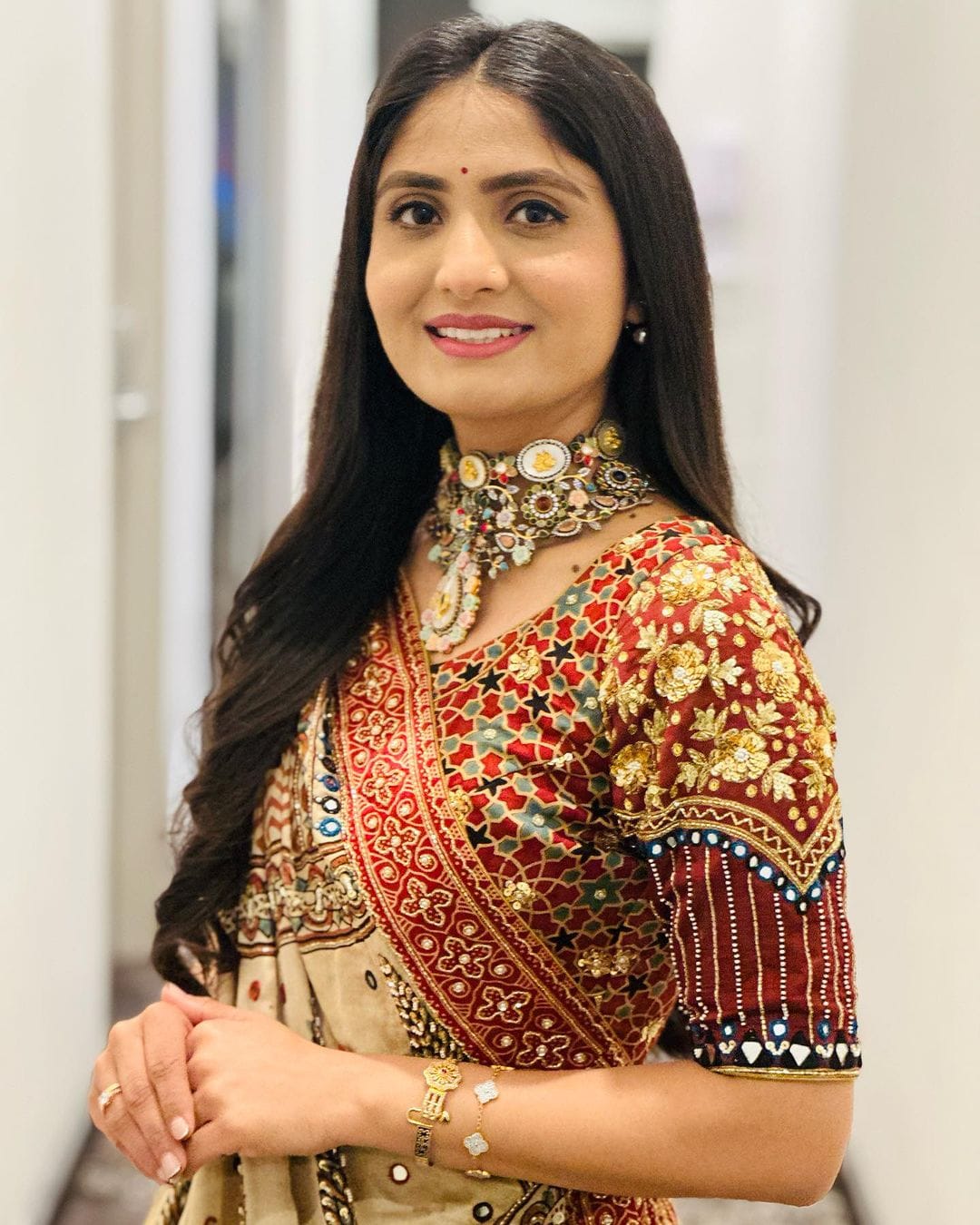 Beige Ethnic Printed Lehenga Set for Navratri and Garba for Women